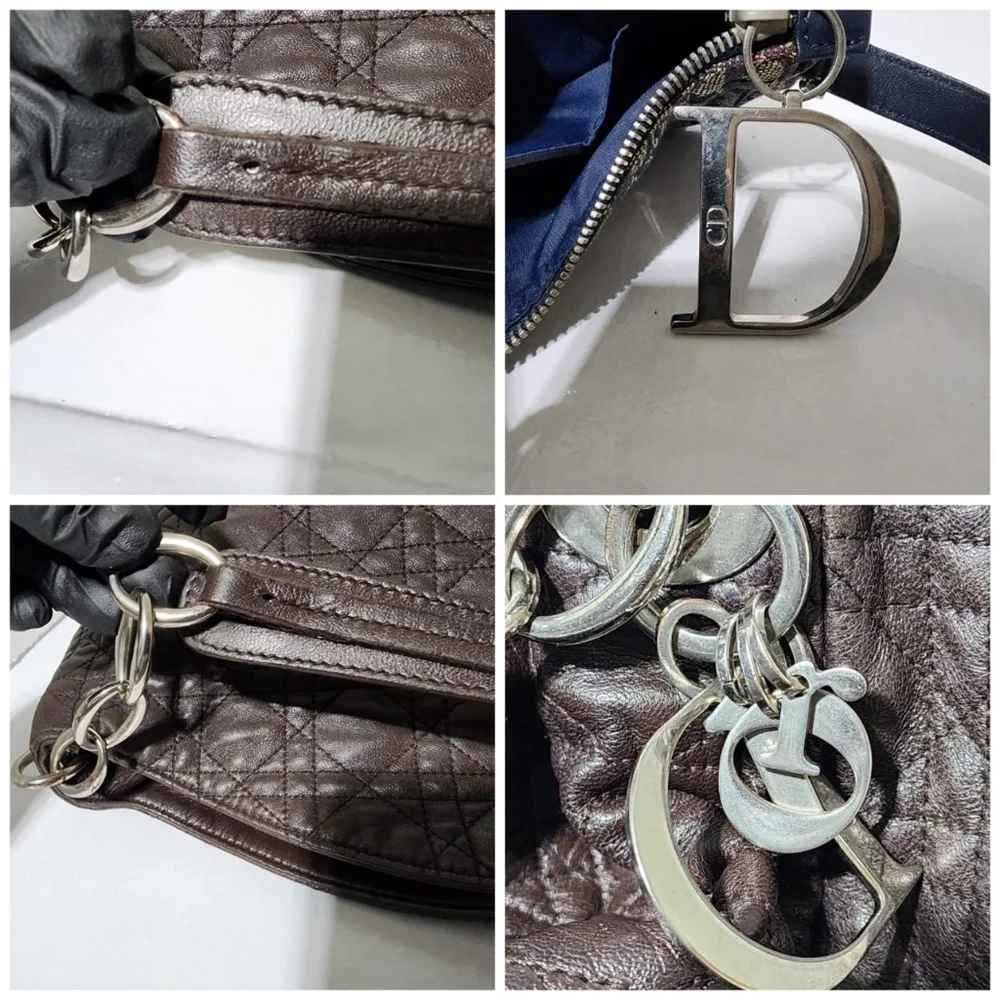 Authentic CHRISTIAN DIOR Cannage Quilted Lambskin Leather Soft Hobo Bag Brown